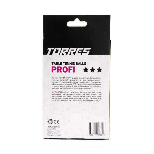 Мяч для наст. тенниса TORRES Profi 3*, TT23012, диам. 40+мм, упак. 6 шт, белый за 338.30 ₽ в Кемерове